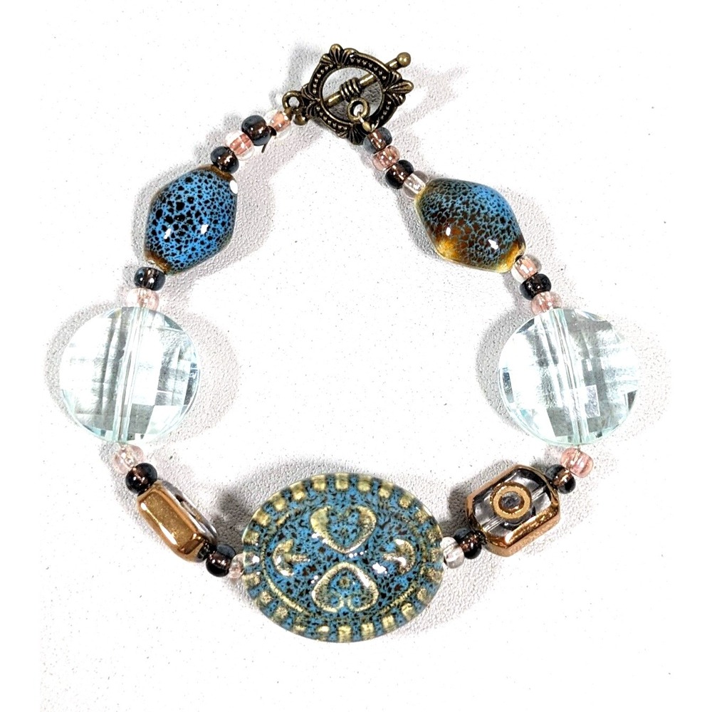 Boho Green‎ Blue Ceramic & Glass Bead Toggle Bracelet 7"